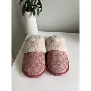 COACH Ziva Pink Signature Canvas Faux Shearling Sherpa Scuff Slippers Mules
